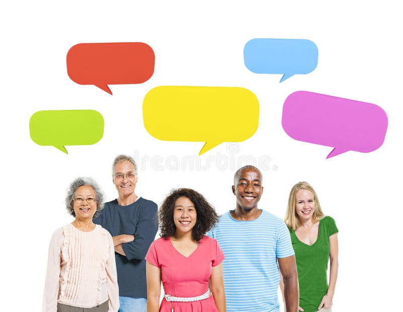 Group of Diverse Cheerful People with Speech Bubbles