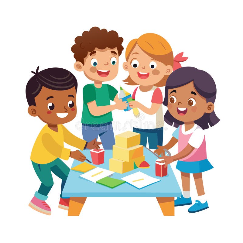 Group of Diverse Children Building with Blocks and Crafting at Table stock illustration