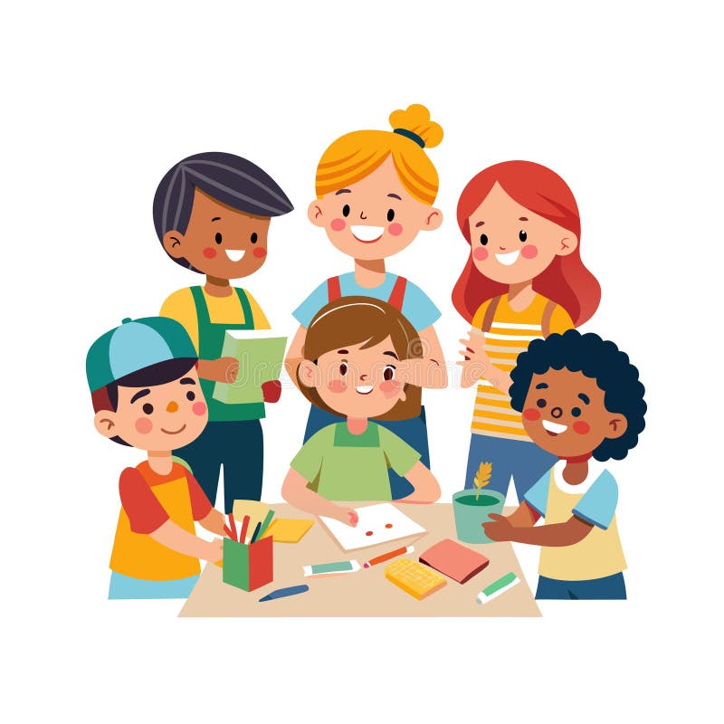 Group of Diverse Children Engaging in Creative Activities Around a Table stock illustration