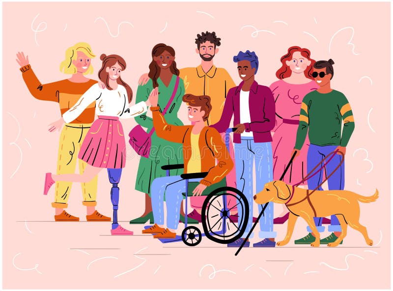 Group of diverse disabled people and guide dog vector illustration