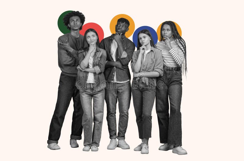 Group of Diverse Individuals Standing Together in a Collage With Colorful Circles in the Background royalty free stock image