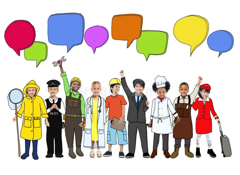 Group of Diverse Kids with Different Occupations. Group of Diverse Kids in Different Occupation Uniforms and Speech Bubbles stock photos