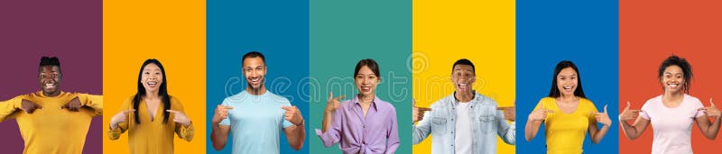 Group of diverse millennial people pointing at themselves, collage royalty free stock photography