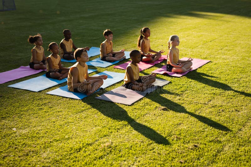 Group of Diverse Students Practicing Yoga and Meditating Sitting on