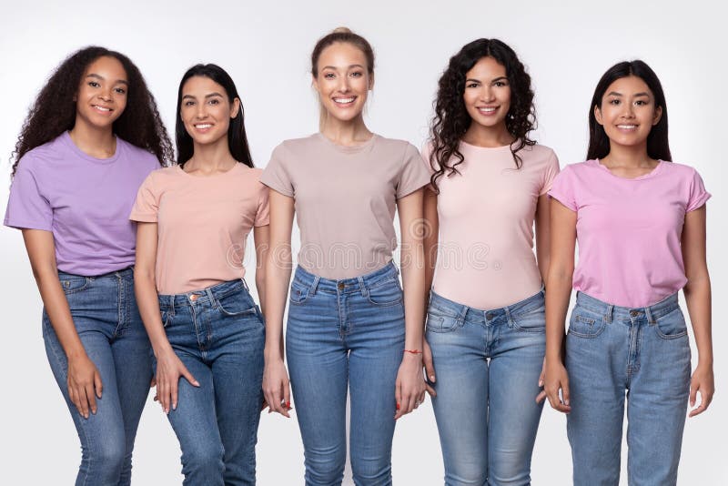 Group Of Diverse Women Posing Smiling To Camera, White Background