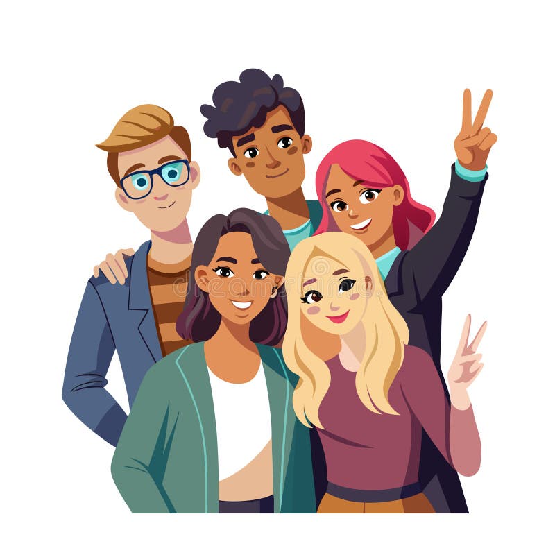 Group of Diverse Young Adults Posing Together Smiling and Showing Peace Sign Gesture vector illustration