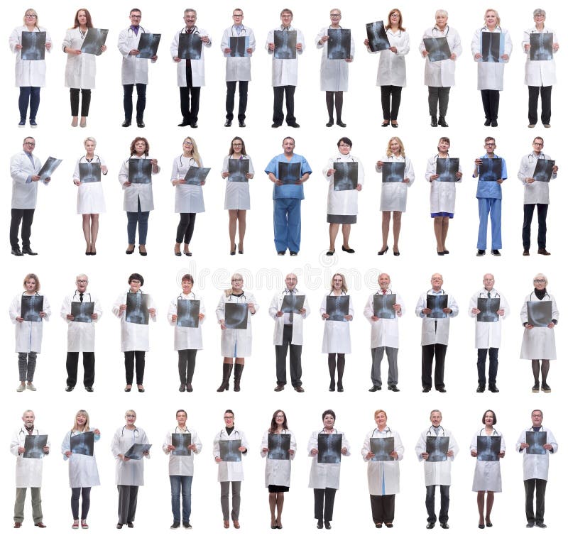 Group of doctors holding x-ray isolated on white stock photos