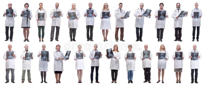 Group of doctors holding x-ray isolated on white stock photos
