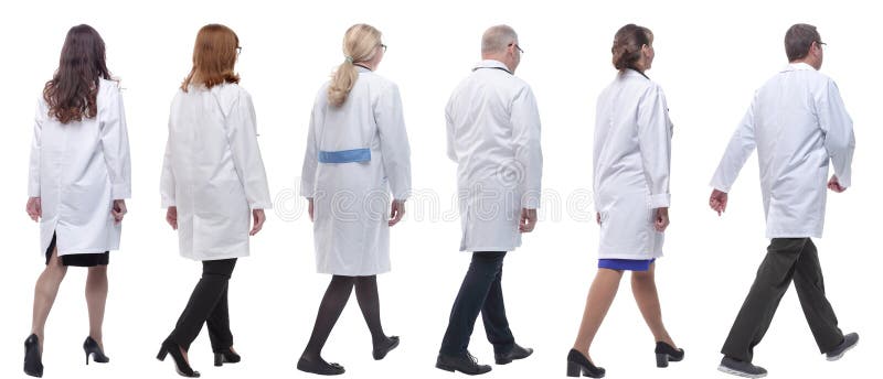 Group of doctors in motion isolated on white stock photos