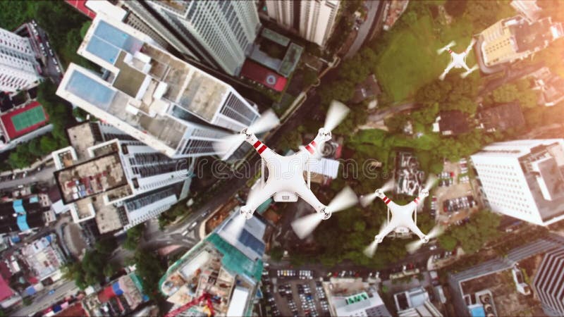 Group of drones flighting above big city. Animation of three drone wich flighting above scyscrapper. stock video footage
