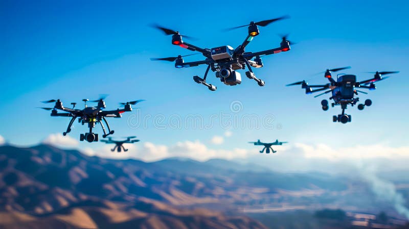 A group of drones flying in the sky royalty free stock images