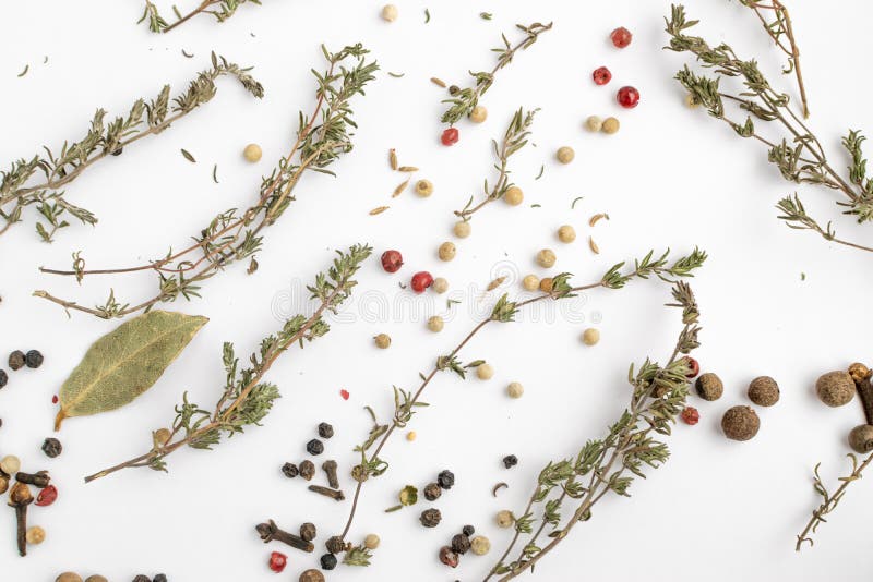 Group of Dry Spices with Thyme and Black Pepper Isolated Stock Photo