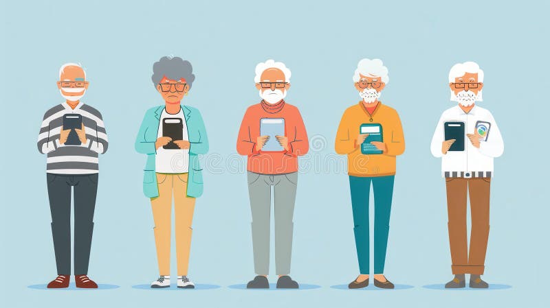 A group of elderly individuals stands together, each focused on using their devices, showcasing the importance of stock image