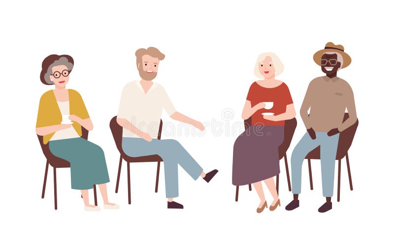 Group of elderly men and women sitting on chairs, drinking tea, talking to each other and laughing. Old retired people spending time together. Colorful vector illustration in flat cartoon style