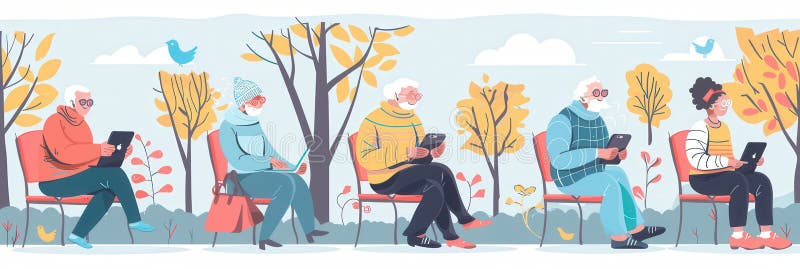 A group of elderly people sits outside, each using a tablet, while colorful autumn leaves create a cheerful atmosphere stock photos