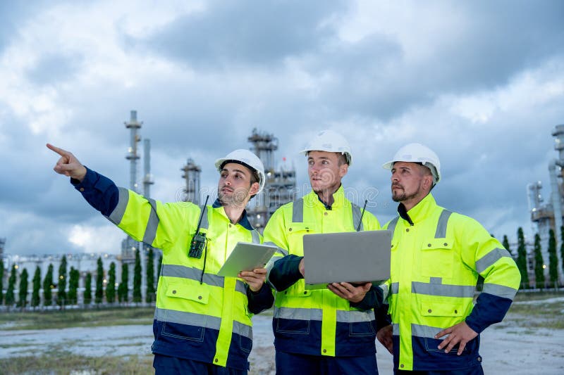 Group of engineer or technician workers stand in front of petrochemical factory and use laptop to discuss their work with one stock image