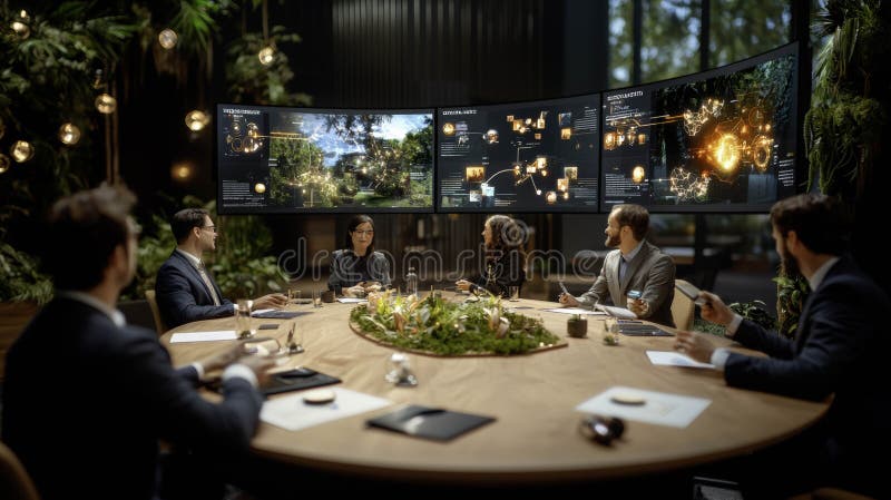 Executives in a futuristic conference room surrounded by greenery Generative AI Illustration royalty free illustration