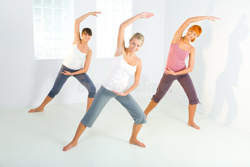 Group of women doing fitness exercise. They're looking at camera. Front view. Group of women doing fitness exercise. They're looking at camera. Front view.