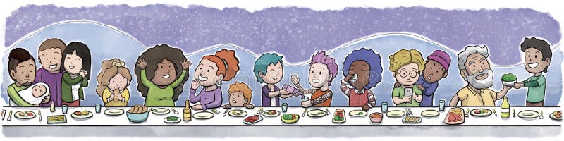 Digital watercolor illustration of a diverse group of family and friends eating and talking at dining table. Night background version. Digital watercolor illustration of a diverse group of family and friends eating and talking at dining table. Night background version.