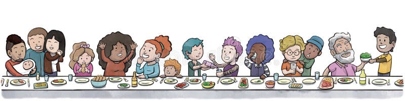 Digital watercolor illustration of a diverse group of family and friends eating and talking at dining table. White empty background version. Digital watercolor illustration of a diverse group of family and friends eating and talking at dining table. White empty background version.