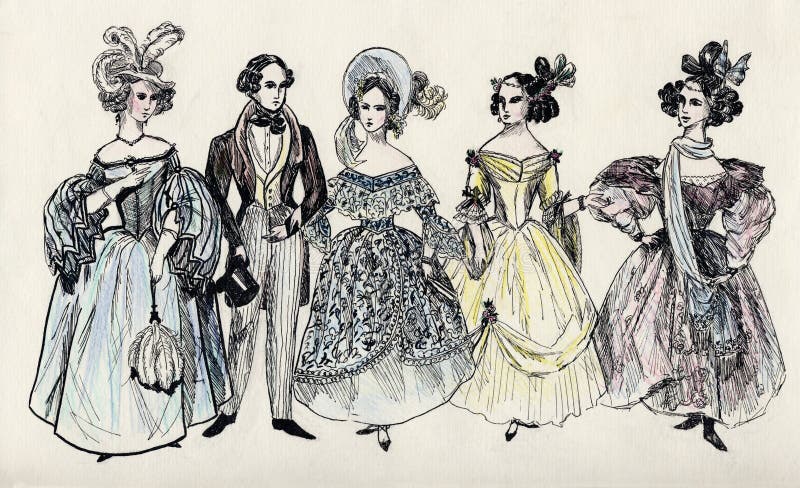Group of fancy man and women 18 century. Group of fancy man and women 18 century - ink illustration vector illustration