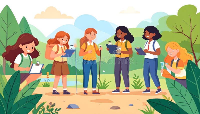 Group of female students with notebooks in forest vector illustration