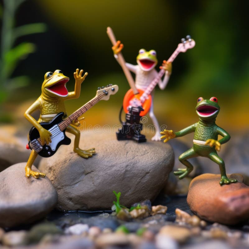 A group of figurines of frogs playing music on a rock. Generative AI image. royalty free illustration