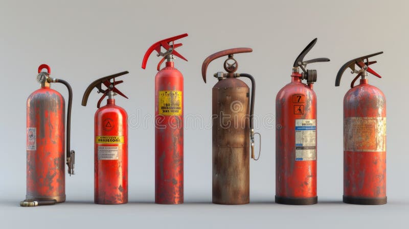 A group of fire extinguishers sitting next to each other. Suitable for fire safety concepts and emergency preparedness stock image