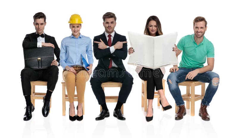 Group of five different people waiting for a job interview royalty free stock photography Group of five different people waiting for a job interview royalty free stock photography