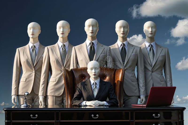 A group of five elegant anthropomorphic business mannequins dressed in tailored business suits behind an executive desk vector illustration