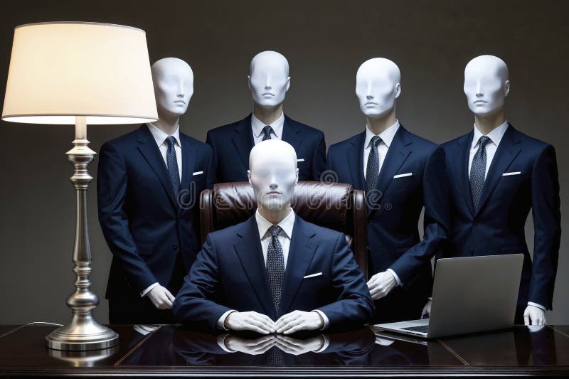 A group of five elegant anthropomorphic business mannequins dressed in tailored business suits behind an executive desk royalty free illustration