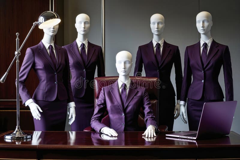 A group of five elegant anthropomorphic business mannequins dressed in tailored business suits behind an executive desk stock illustration