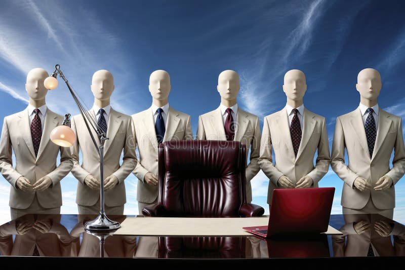 A group of five elegant anthropomorphic business mannequins dressed in tailored business suits behind an executive desk stock illustration