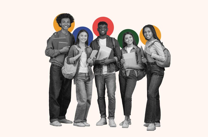 A Group of Five Students Stands Together in a Classroom royalty free stock photos