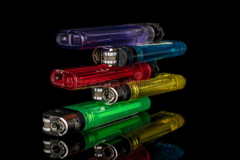 Plastic Lighter Isolated on Black Glass Stock Image Image of glossy