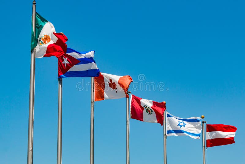 Flags on Poles From Various Countries royalty free stock images Flags on Poles From Various Countries royalty free stock images