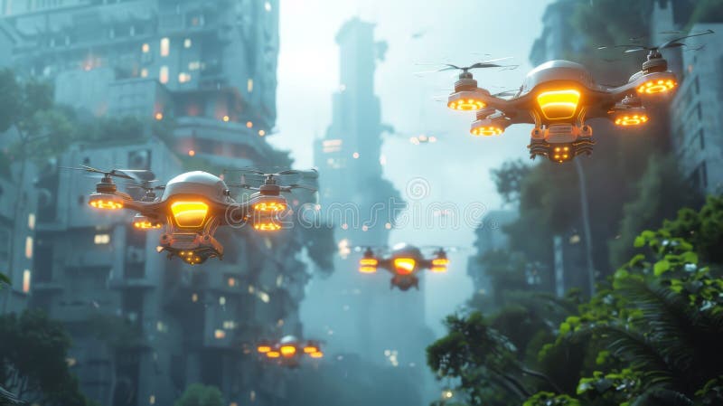 Group of Flying Drons with Lights Above City royalty free stock photography