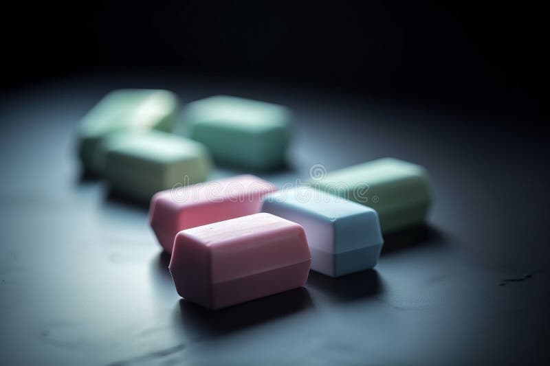 A Group of Four Different Colored Marshmallows on a Black Surface Stock