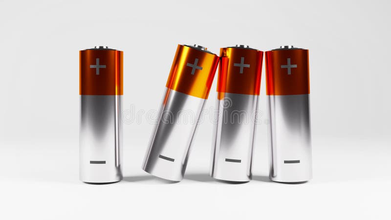 A group of four simple two color AA alkaline batteries isolated. 3D render of blank silver shiny rechargeable power cells stock illustration