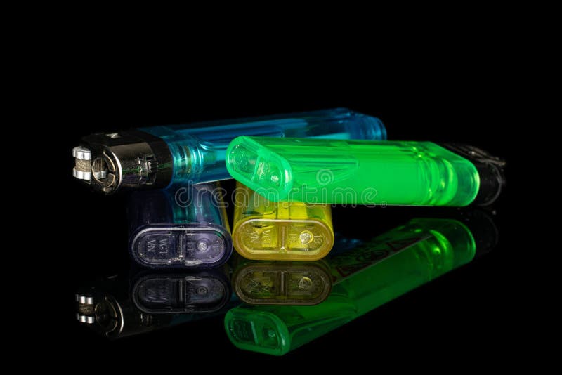 Plastic Lighter Isolated on Black Glass Stock Image Image of folding