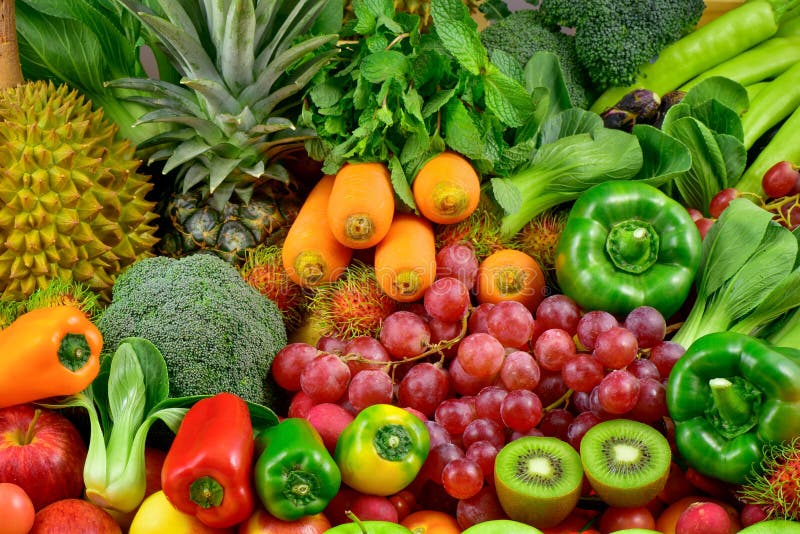 Group of Various Fresh Fruits and Vegetables for Healthy Stock Photo