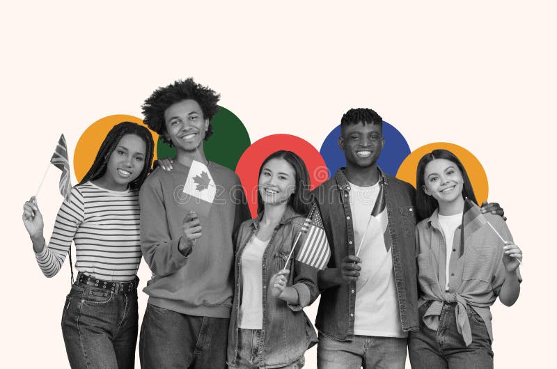 Group of Friends Celebrating Unity With Flags in a Collage Setting Showing Diversity and Happiness royalty free stock photos