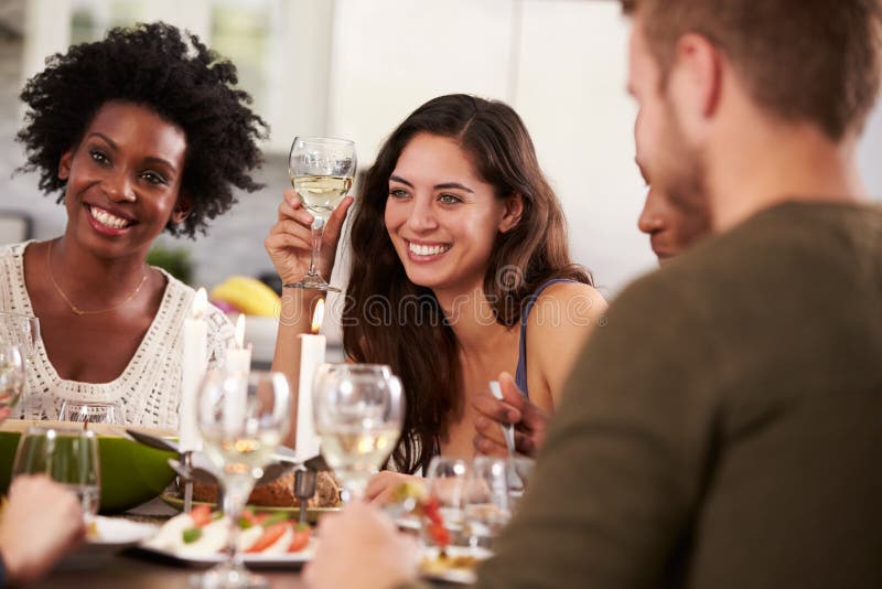 Group Of Friends Enjoying Dinner Party At Home. Multi, drinking.