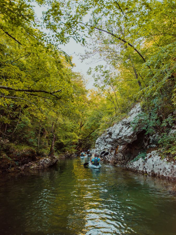 A group of friends enjoying having fun and kayaking while exploring the calm river, surrounding forest and large natural stock photo
