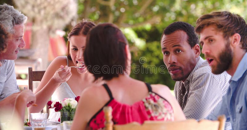 Group Of Friends Enjoying Outdoor Meal At Home Together