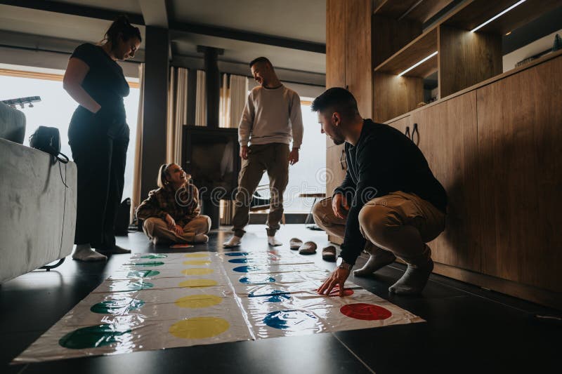 Group of friends having fun playing twister game at home