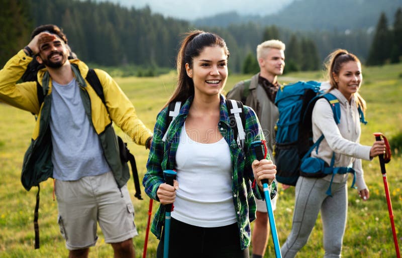 Group of Friends on a Hiking, Camping Trip in the Mountains Stock Photo ...