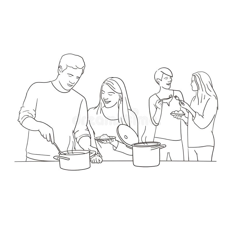 Group of friends in the kitchen cooking and having fun together. Hand drawn illustration. Group of friends in the kitchen cooking and having fun together. Hand drawn illustration.