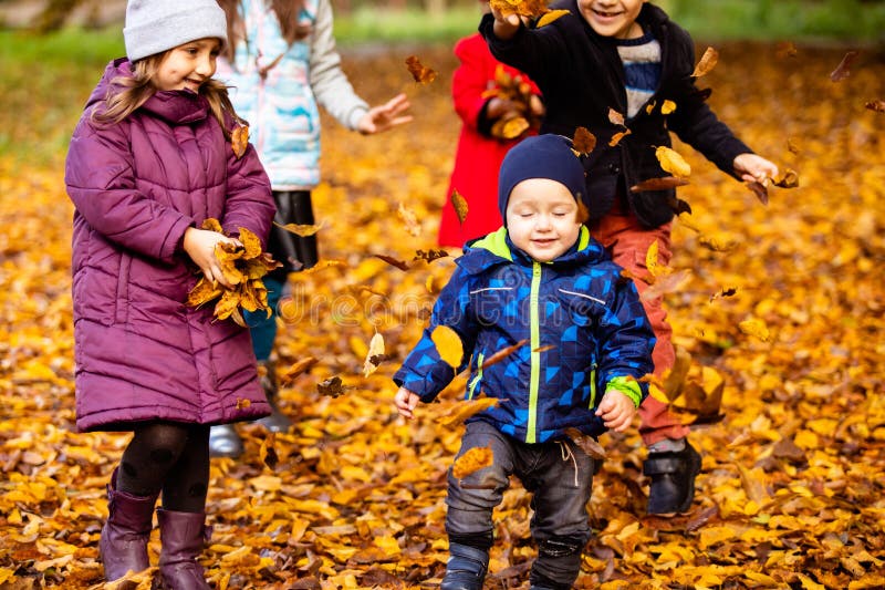 Group of friends play in autumn park royalty free stock photography