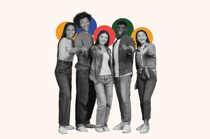 Group of Friends Pose Together in a Collage With Colorful Background Circles stock photography